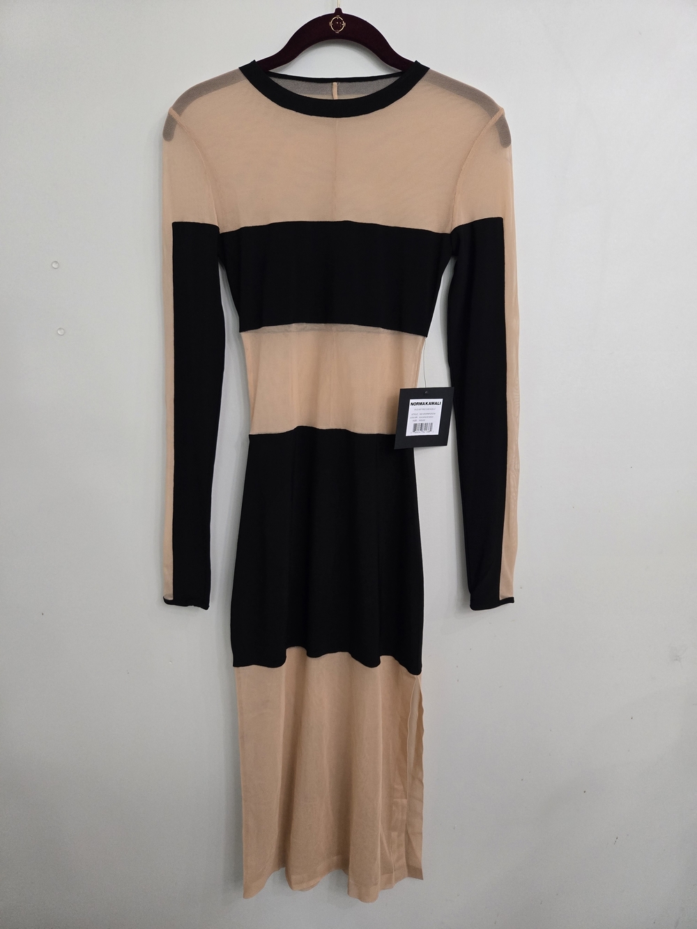 NWT Noma Kamali Spliced Insert Long Sleeve Black, Nude Mesh Midi Dress w Defect